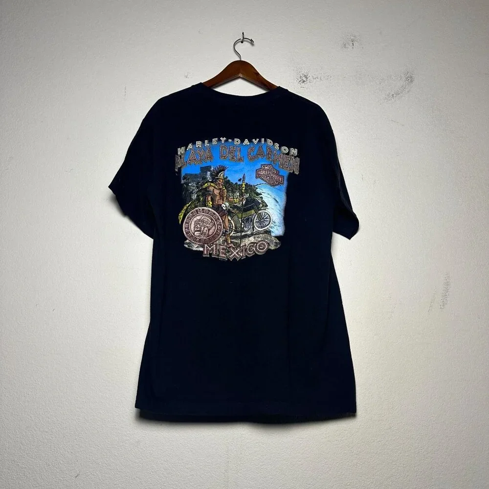 Harley Davidson Men XL Shirt Cancun Playa Del Carmen Tribal Graphic T Black Bike - Picture 2 of 13